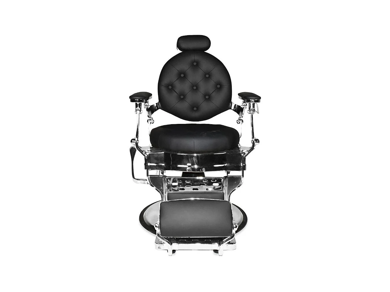 Poltrona da barbiere Ultron reclinabile in ecopelle nera e struttura in acciaio cromato lucido