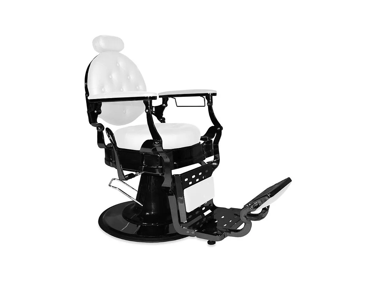 Poltrona da barbiere Ultron reclinabile in ecopelle bianca e struttura in metallo nero