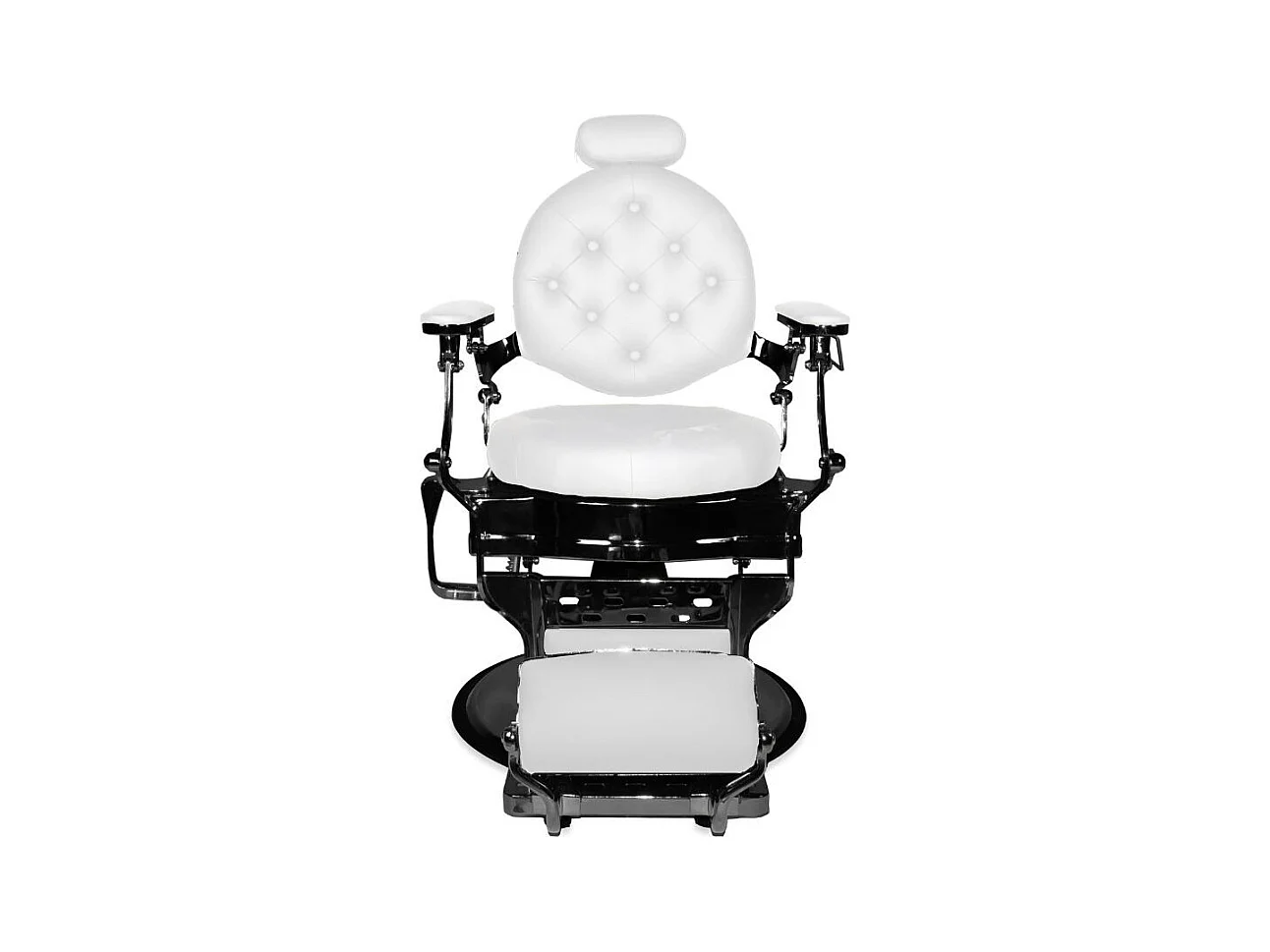 Poltrona da barbiere Ultron reclinabile in ecopelle bianca e struttura in metallo nero