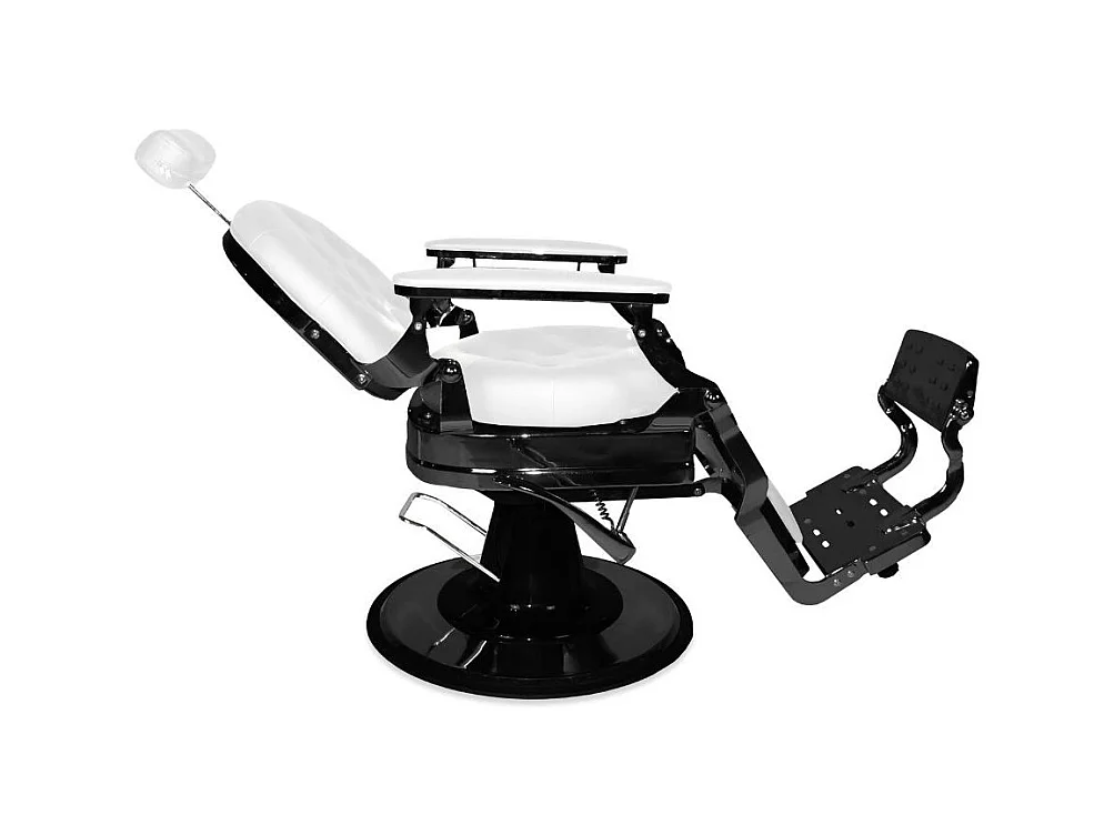 Poltrona da barbiere Ultron reclinabile in ecopelle bianca e struttura in metallo nero