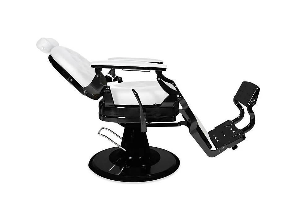 Poltrona da barbiere Ultron reclinabile in ecopelle bianca e struttura in metallo nero