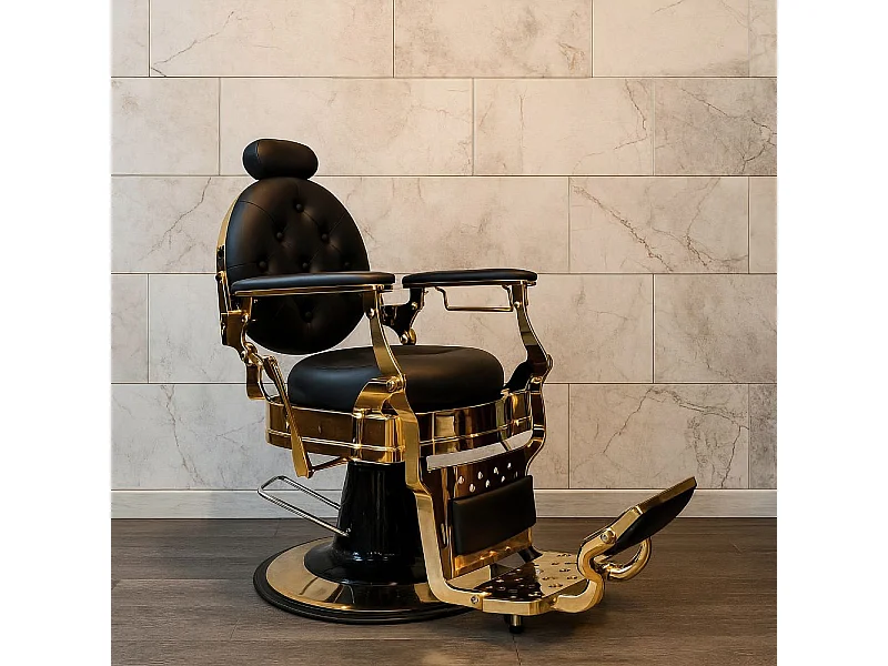 Poltrona da barbiere Ultron reclinabile in ecopelle nera e struttura in metallo oro lucido