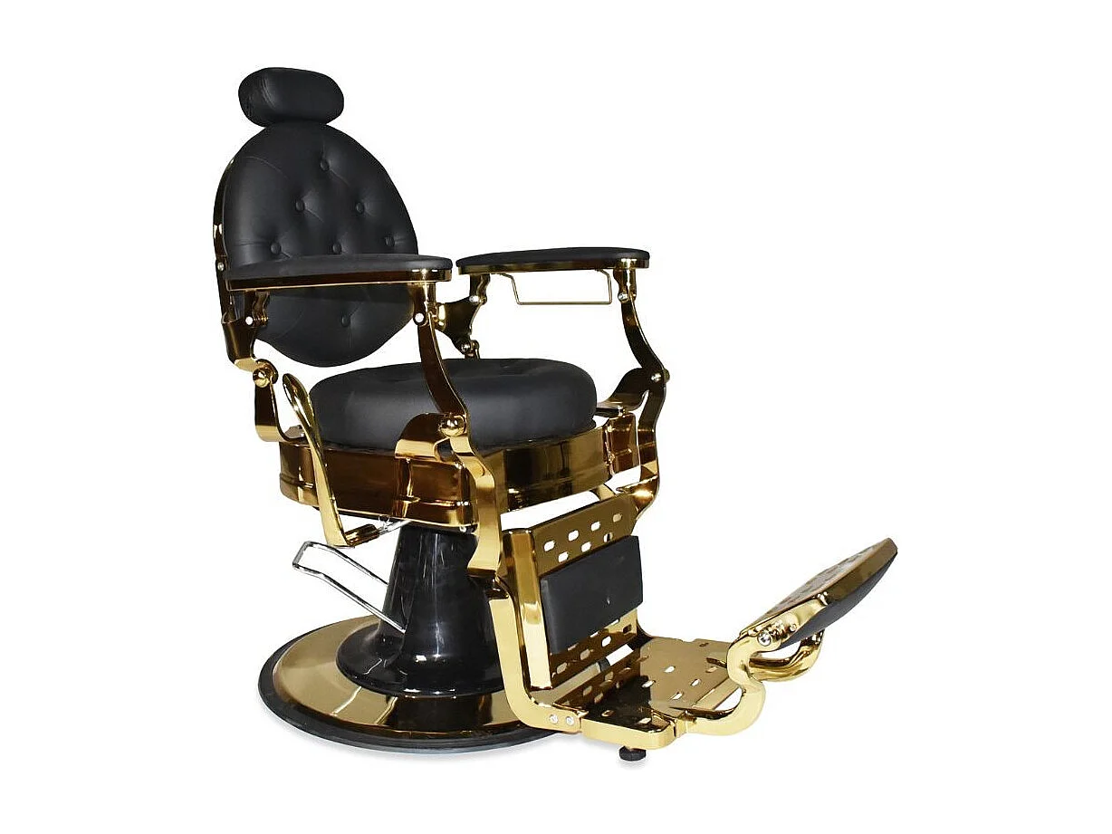 Poltrona da barbiere Ultron reclinabile in ecopelle nera e struttura in metallo oro lucido
