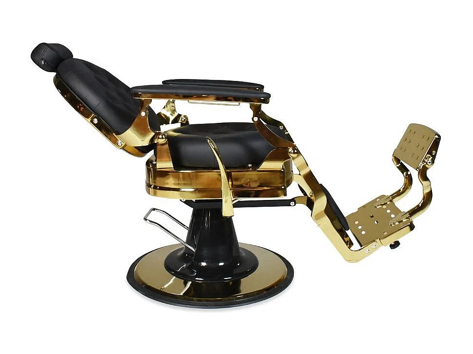 Poltrona da barbiere Ultron reclinabile in ecopelle nera e struttura in metallo oro lucido