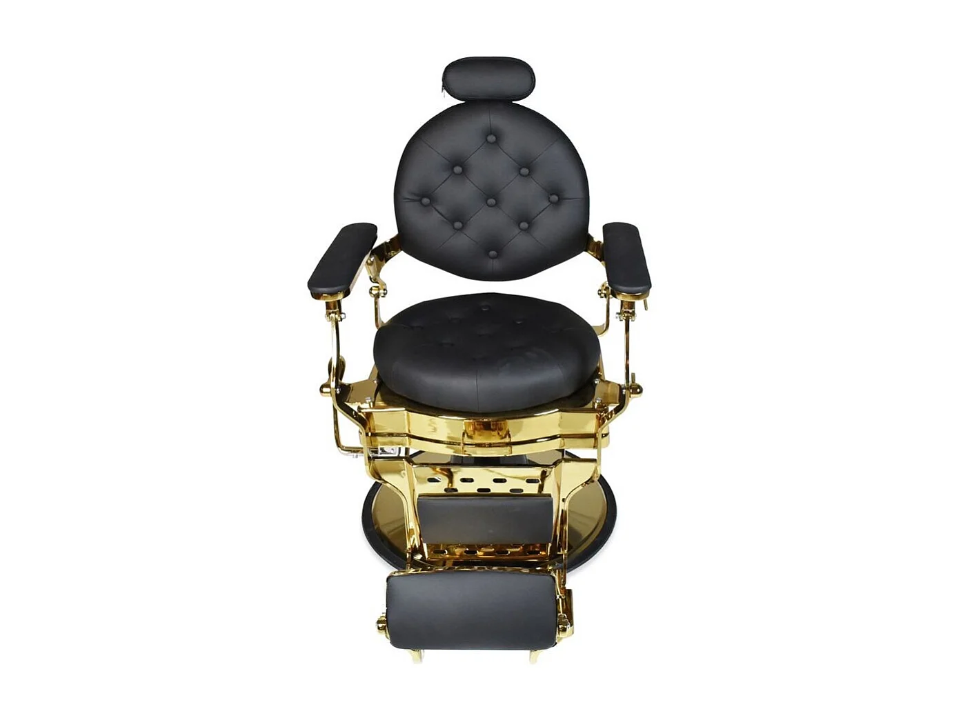 Poltrona da barbiere Ultron reclinabile in ecopelle nera e struttura in metallo oro lucido