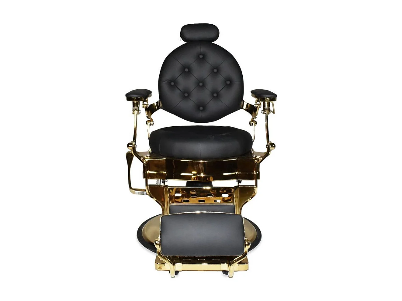 Poltrona da barbiere Ultron reclinabile in ecopelle nera e struttura in metallo oro lucido