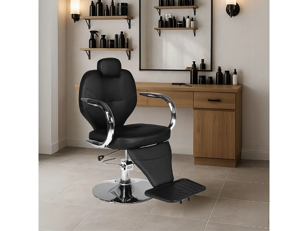 Poltrona da barbiere Bobo reclinabile in ecopelle nera con struttura in acciaio cromato lucido