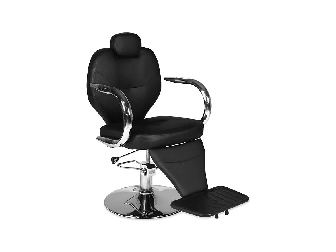 Poltrona da barbiere Bobo reclinabile in ecopelle nera con struttura in acciaio cromato lucido