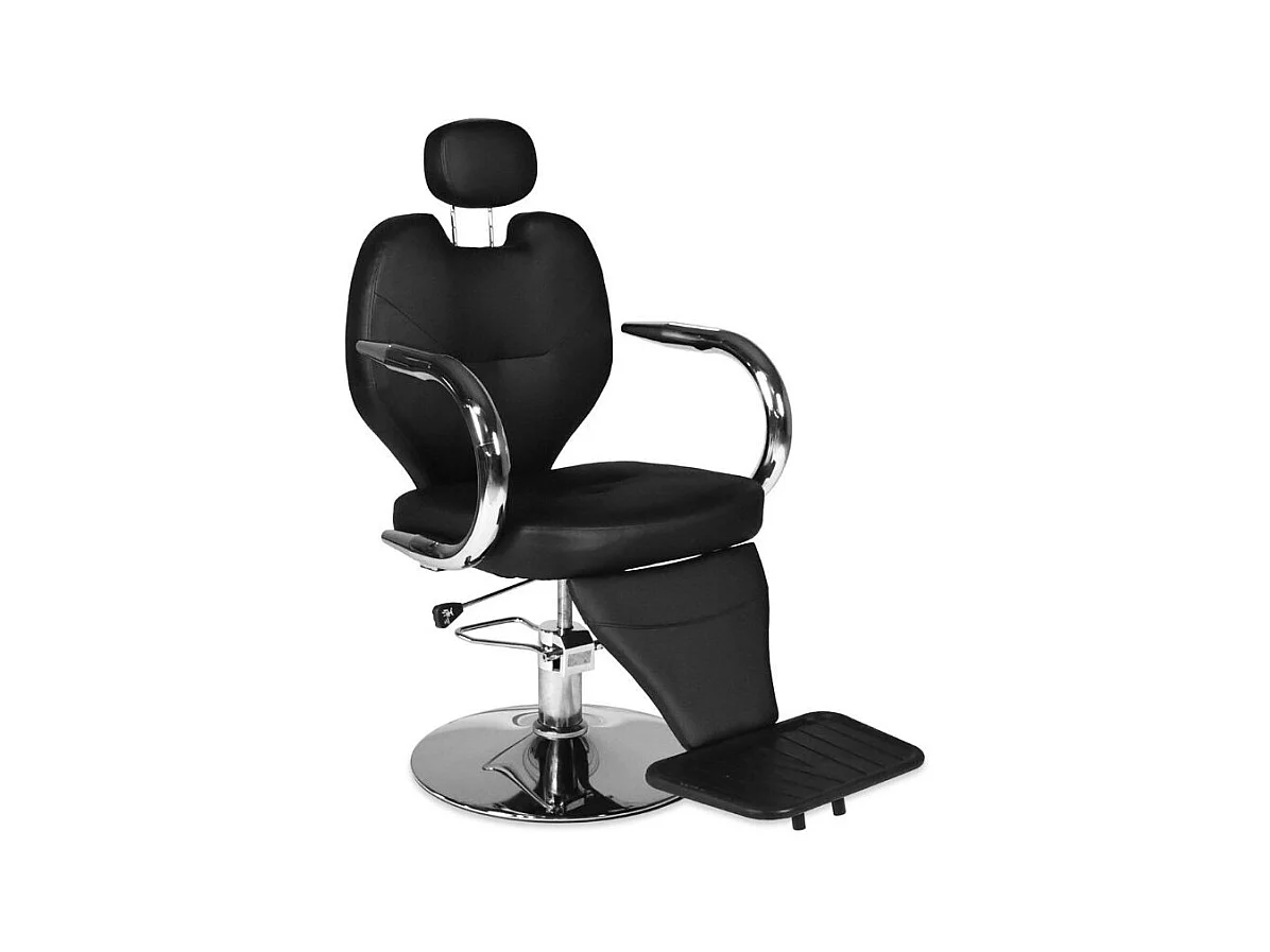 Poltrona da barbiere Bobo reclinabile in ecopelle nera con struttura in acciaio cromato lucido