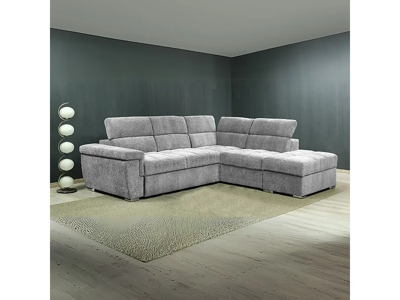Divano letto angolare reversibile Amalfi con 5 poggiatesta regolabili e pouf in tessuto grigio chiaro