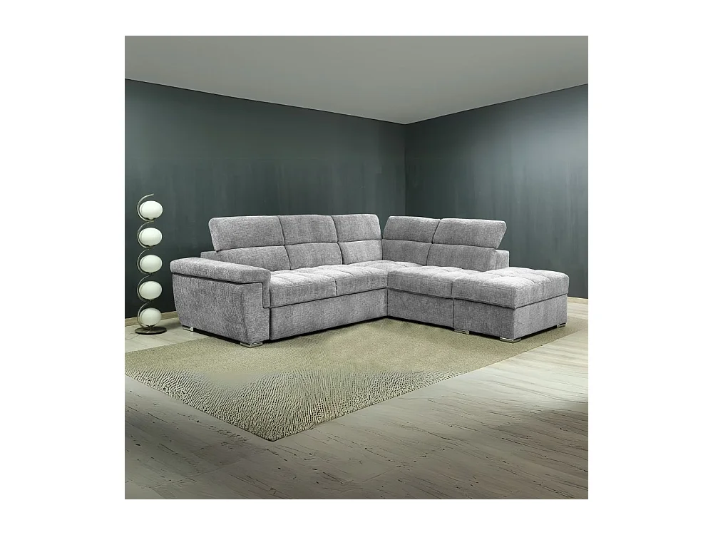Divano letto angolare reversibile Amalfi con 5 poggiatesta regolabili e pouf in tessuto grigio chiaro