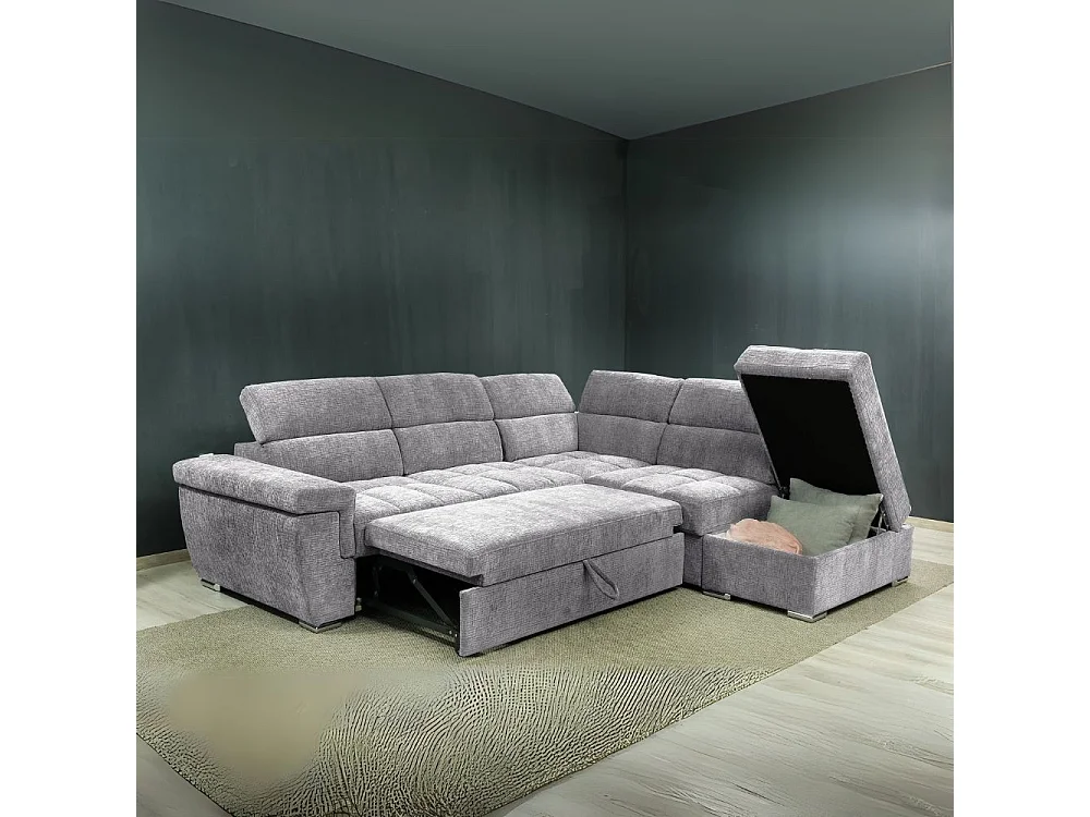 Divano letto angolare reversibile Amalfi con 5 poggiatesta regolabili e pouf in tessuto grigio chiaro