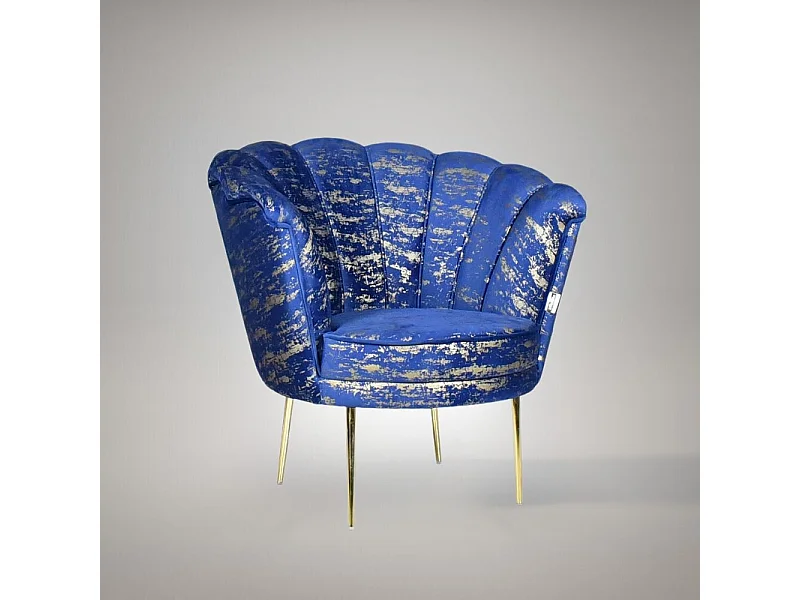 Poltrona a conchiglia Orel velluto blu e fantasia oro