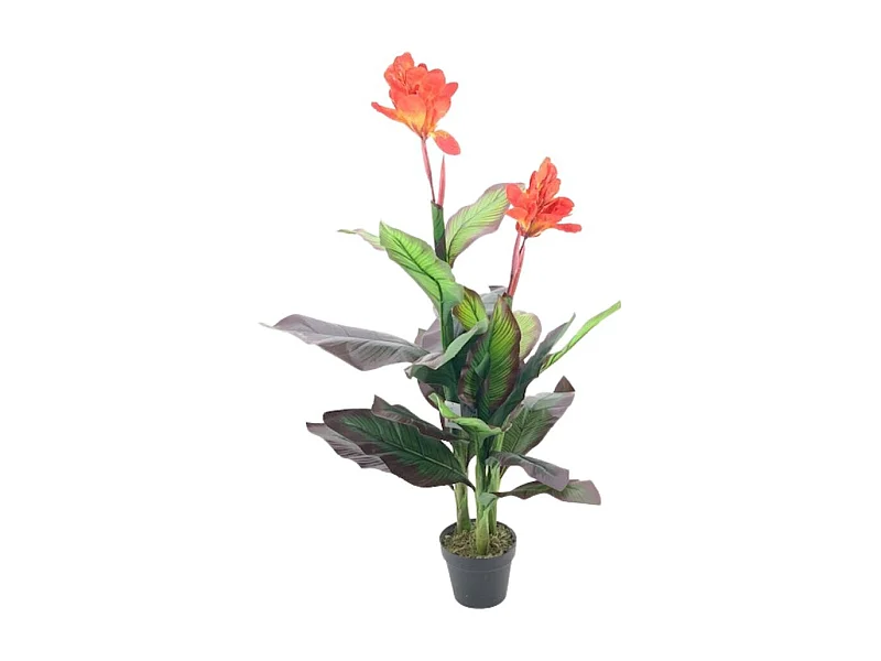 Pianta artificiale Canna Lily foglie verdi con fiori arancio e vaso – Altezza 115 cm