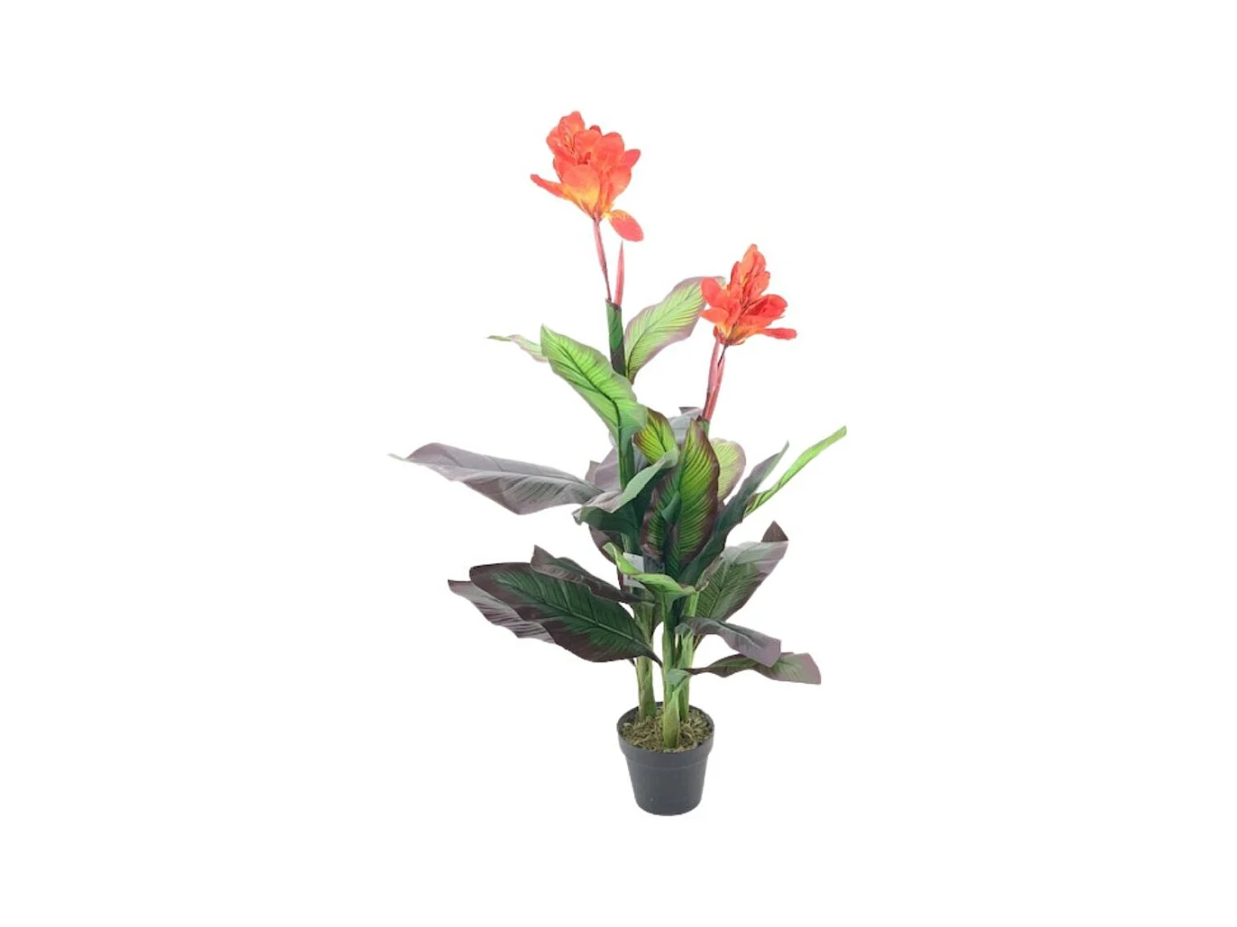 Pianta artificiale Canna Lily foglie verdi con fiori arancio e vaso – Altezza 115 cm