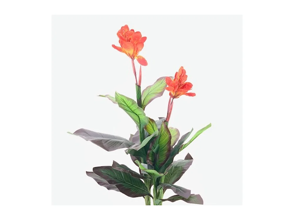Pianta artificiale Canna Lily foglie verdi con fiori arancio e vaso – Altezza 115 cm