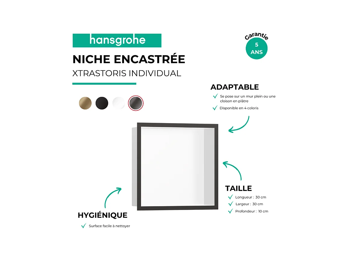 Niche murale fond blanc HANSGROHE XtraStoris cadre noir chromé brossé
