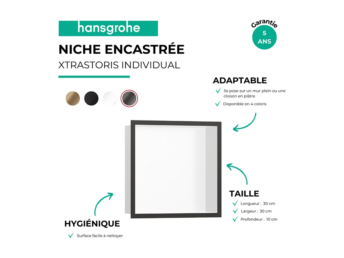 Niche murale fond blanc HANSGROHE XtraStoris cadre noir chromé brossé