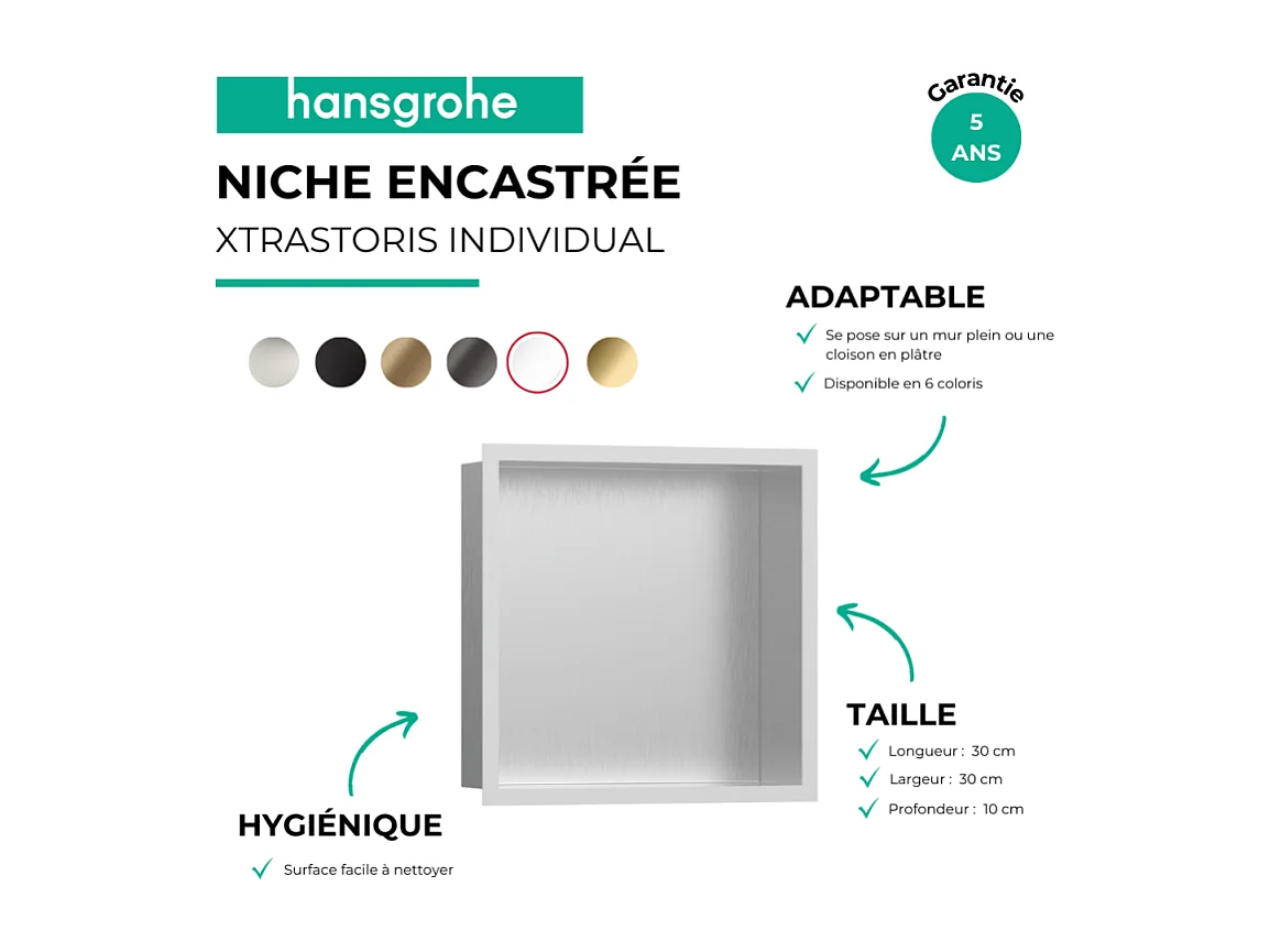 Niche murale fond acier HANSGROHE XtraStoris cadre blanc mat