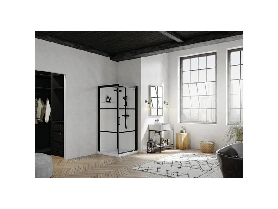 Cabine de douche complète carré Brooklyn factory noire 90