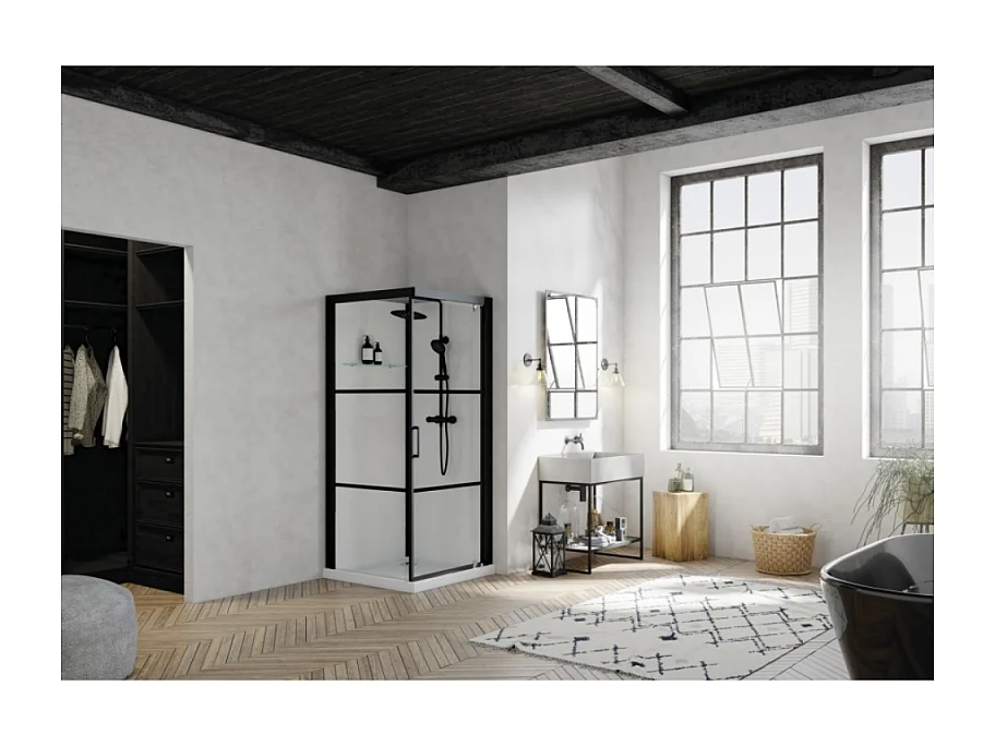 Cabine de douche complète carré Brooklyn factory noire 90