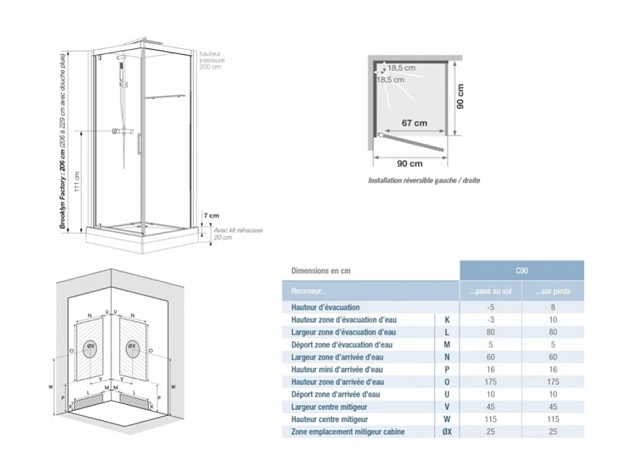 Cabine de douche complète carré Brooklyn factory noire 90