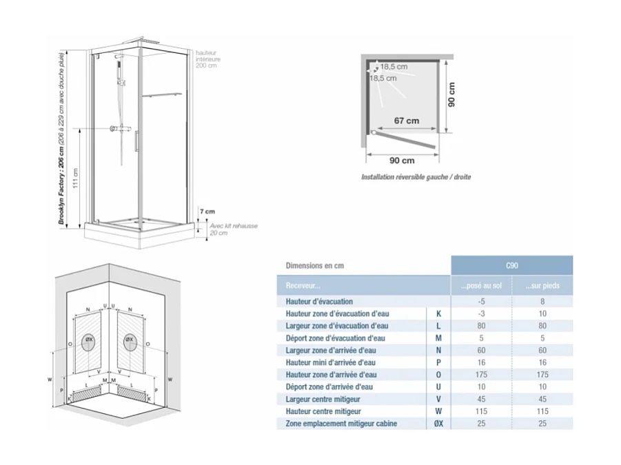 Cabine de douche complète carré Brooklyn factory noire 90