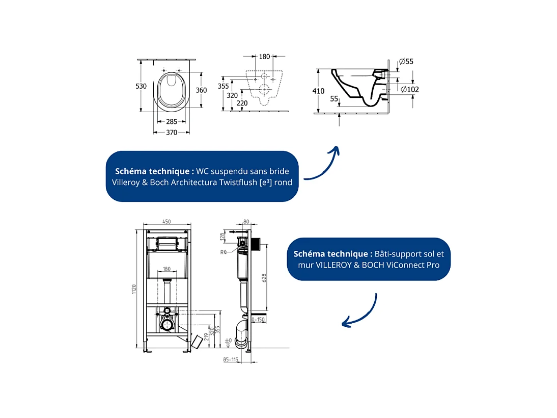 Pack WC suspendu sans bride Villeroy & Boch Architectura Twistflush [e³] rond + bâti-support sol et mur + plaque blanc