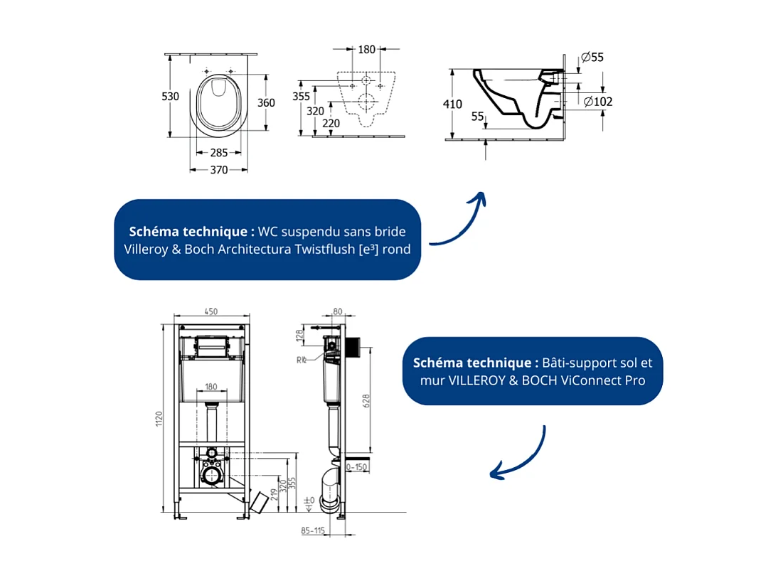 Pack WC suspendu sans bride Villeroy & Boch Architectura Twistflush [e³] rond + bâti-support sol et mur + plaque blanc