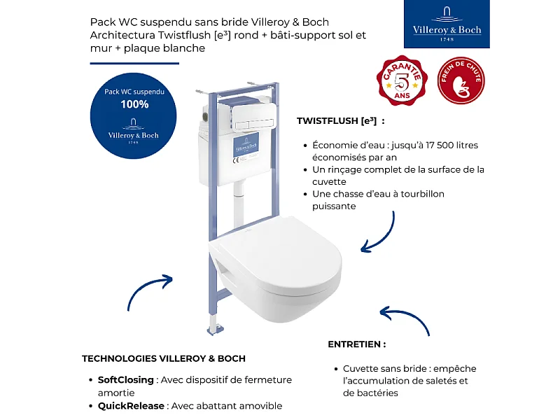 Pack WC suspendu sans bride Villeroy & Boch Architectura Twistflush [e³] rond + bâti-support sol et mur + plaque blanc