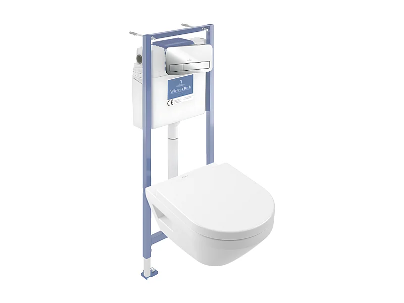 Pack WC suspendu sans bride Villeroy & Boch Architectura Twistflush [e³] rond + bâti-support sol et mur + plaque chrome brillant