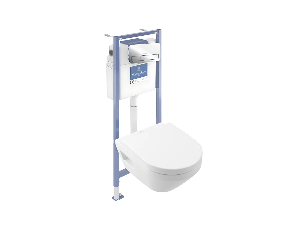 Pack WC suspendu sans bride Villeroy & Boch Architectura Twistflush [e³] rond + bâti-support sol et mur + plaque chrome brillant