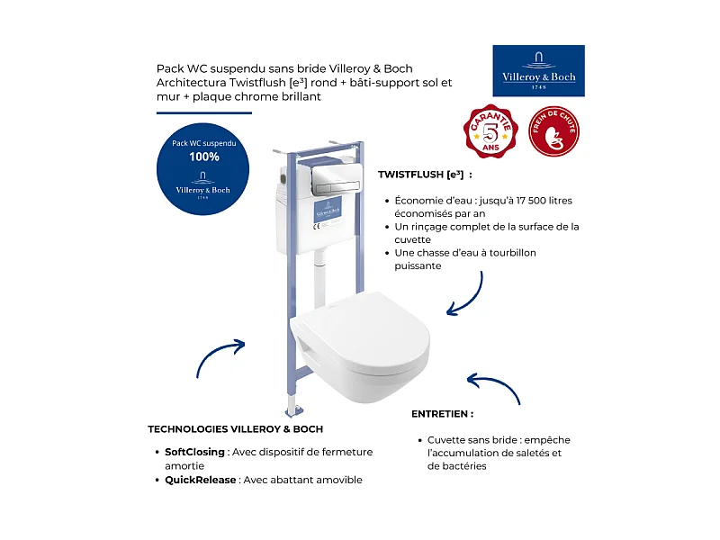 Pack WC suspendu sans bride Villeroy & Boch Architectura Twistflush [e³] rond + bâti-support sol et mur + plaque chrome brillant