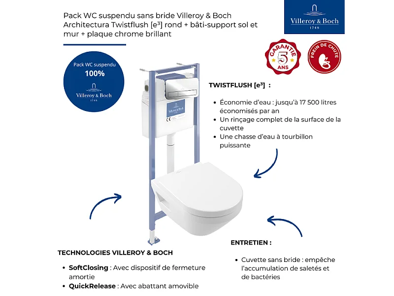 Pack WC suspendu sans bride Villeroy & Boch Architectura Twistflush [e³] rond + bâti-support sol et mur + plaque chrome brillant