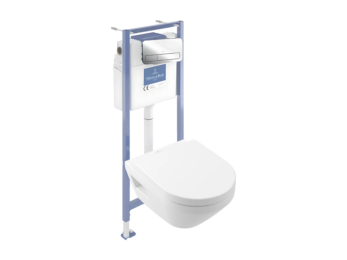 Pack WC suspendu sans bride Villeroy & Boch Architectura Twistflush [e³] rond + bâti-support sol et mur + plaque chrome brillant