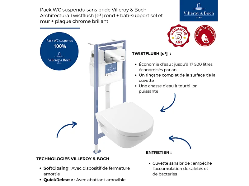 Pack WC suspendu sans bride Villeroy & Boch Architectura Twistflush [e³] rond + bâti-support sol et mur + plaque chrome brillant