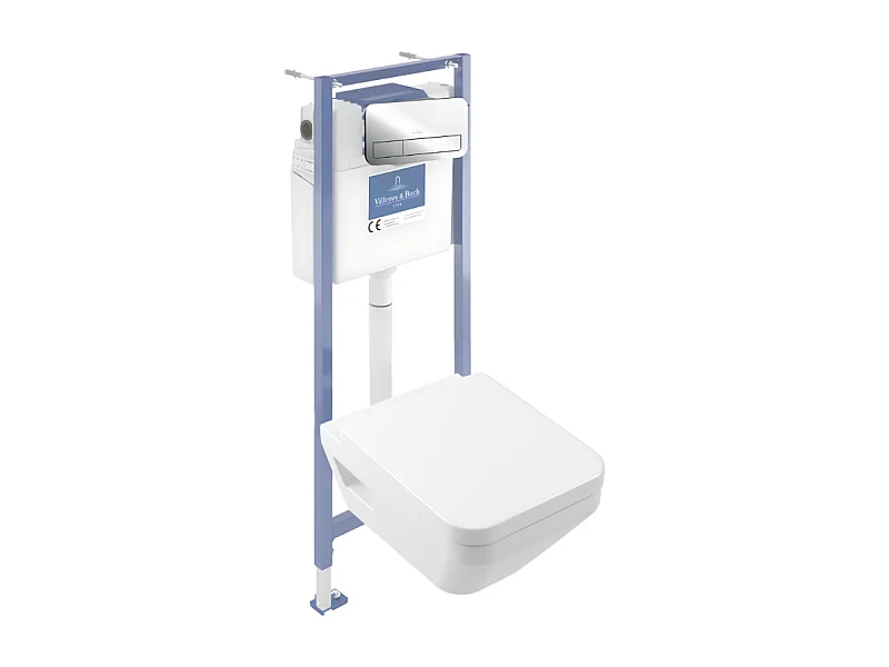 Pack WC suspendu sans bride Villeroy & Boch Architectura Twistflush [e³] rectangle+bâti-support sol et mur+plaque chrome brillant