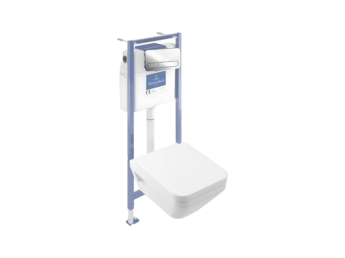 Pack WC suspendu sans bride Villeroy & Boch Architectura Twistflush [e³] rectangle+bâti-support sol et mur+plaque chrome brillant