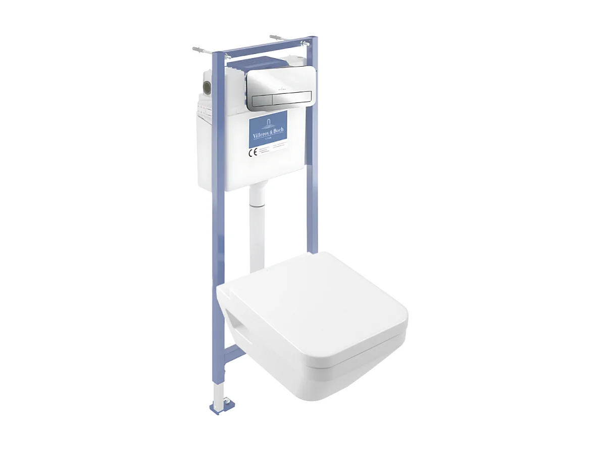Pack WC suspendu sans bride Villeroy & Boch Architectura Twistflush [e³] rectangle+bâti-support sol et mur+plaque chrome brillant