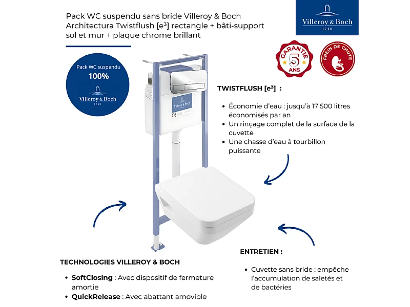 Pack WC suspendu sans bride Villeroy & Boch Architectura Twistflush [e³] rectangle+bâti-support sol et mur+plaque chrome brillant