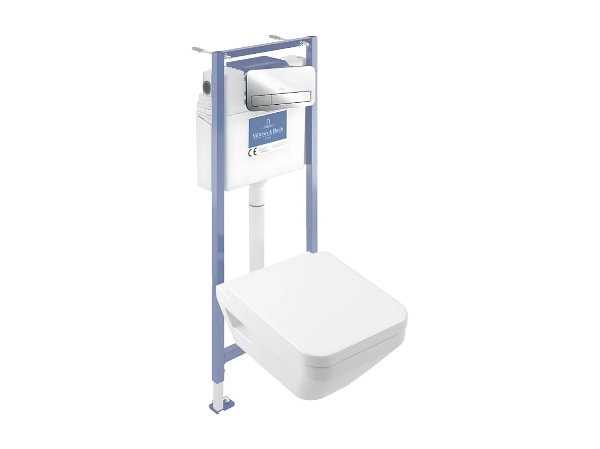 Pack WC suspendu sans bride Villeroy & Boch Architectura Twistflush [e³] rectangle+bâti-support sol et mur+plaque chrome brillant