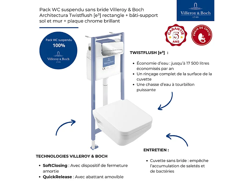 Pack WC suspendu sans bride Villeroy & Boch Architectura Twistflush [e³] rectangle+bâti-support sol et mur+plaque chrome brillant