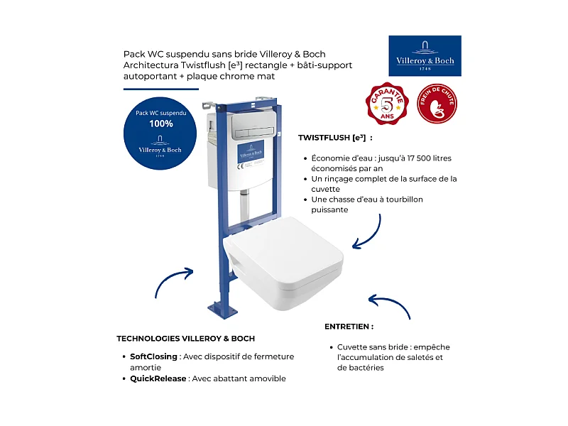 Pack WC suspendu sans bride Villeroy & Boch Architectura Twistflush [e³] rectangle + bâti-support ViConnect + plaque chrome mat