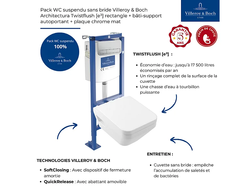 Pack WC suspendu sans bride Villeroy & Boch Architectura Twistflush [e³] rectangle + bâti-support ViConnect + plaque chrome mat