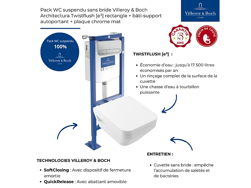 Pack WC suspendu sans bride Villeroy & Boch Architectura Twistflush [e³] rectangle + bâti-support ViConnect + plaque chrome mat