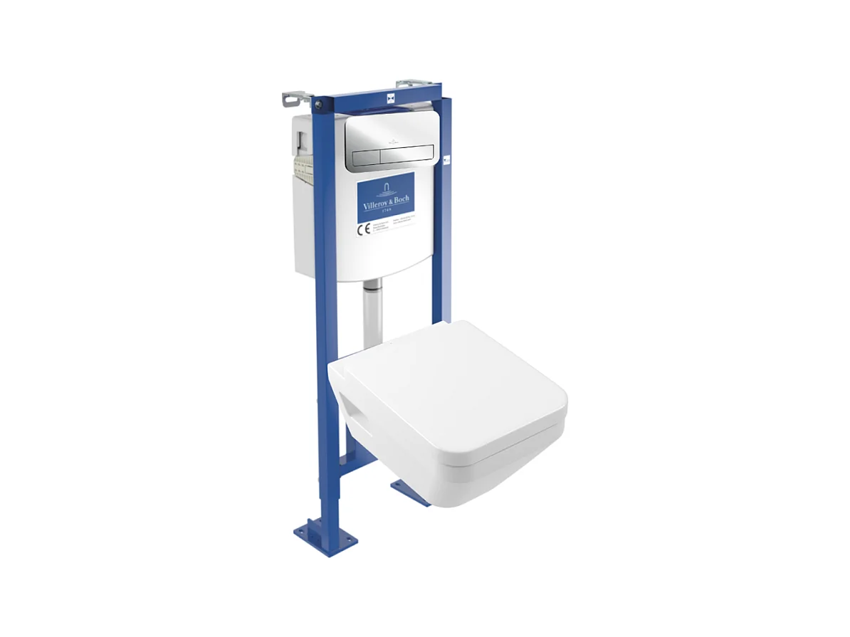 Pack WC suspendu sans bride Villeroy & Boch Architectura Twistflush [e³] rectangle+bâti-support ViConnect+plaque chrome brillant