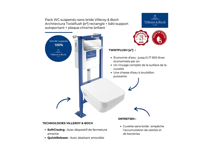 Pack WC suspendu sans bride Villeroy & Boch Architectura Twistflush [e³] rectangle+bâti-support ViConnect+plaque chrome brillant