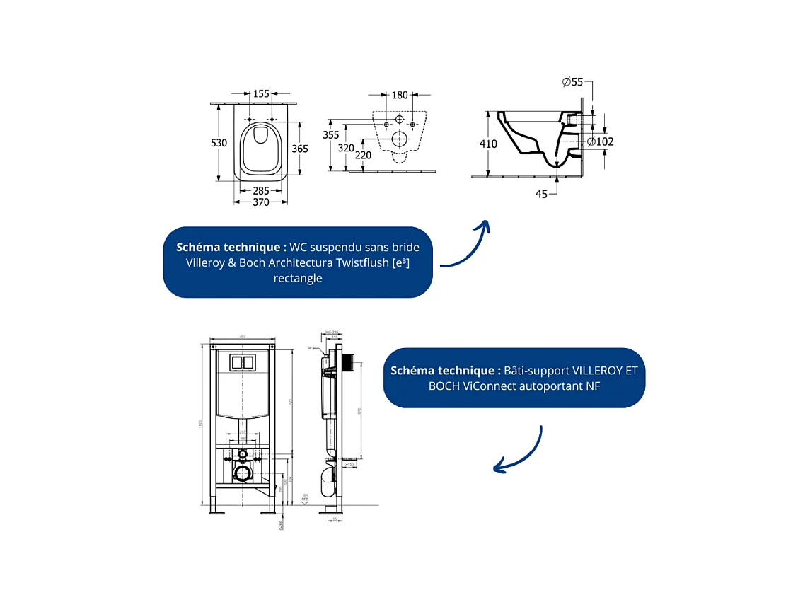 Pack WC suspendu sans bride Villeroy & Boch Architectura Twistflush [e³] rectangle+bâti-support ViConnect+plaque chrome brillant