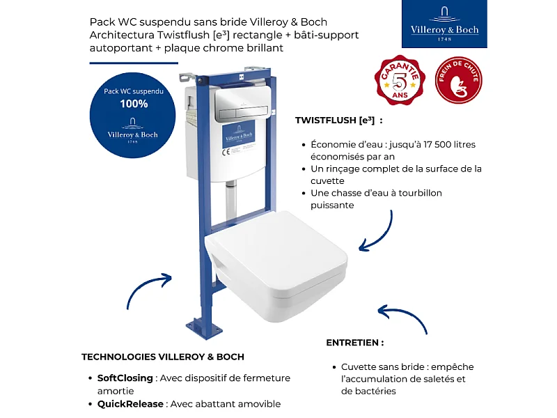 Pack WC suspendu sans bride Villeroy & Boch Architectura Twistflush [e³] rectangle+bâti-support ViConnect+plaque chrome brillant