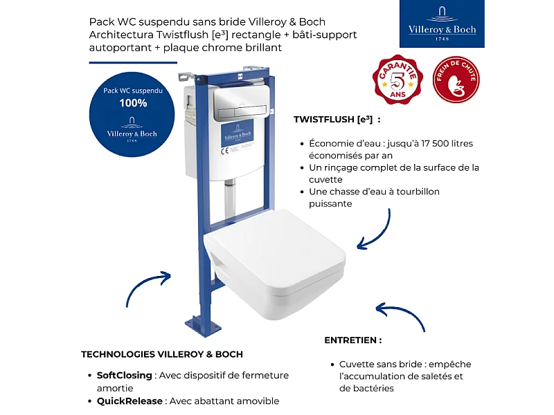 Pack WC suspendu sans bride Villeroy & Boch Architectura Twistflush [e³] rectangle+bâti-support ViConnect+plaque chrome brillant